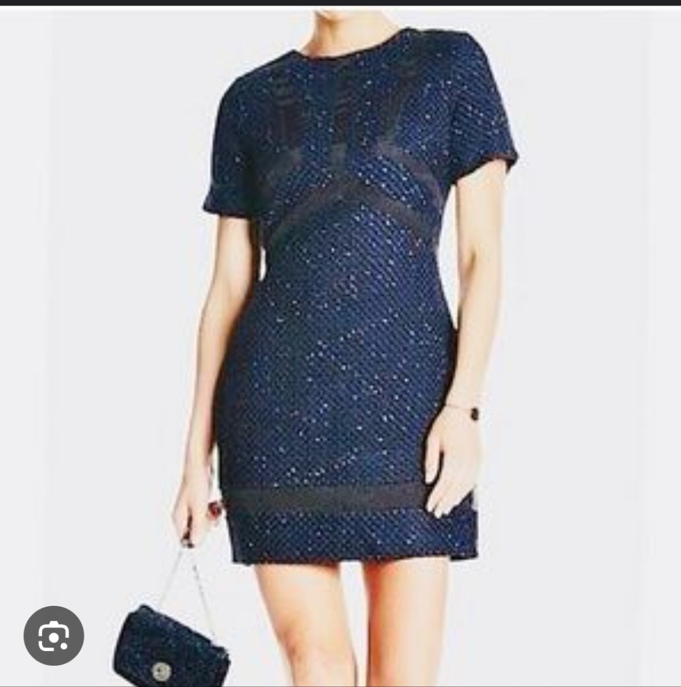 Adelyn Rae Navy Blue Tweed Sheath Dress Sheer Black Cut Outs Cocktail (XS) #0447